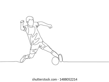 One single line drawing of young football player with short sleeve shirt training to control the ball. Soccer match sports concept. Continuous line draw design vector illustration