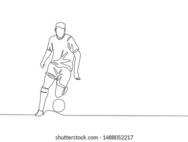 One single line drawing of young football playmaker dribbling a ball so calm at the match. Soccer match sports concept. Continuous line draw design vector illustration