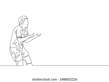 One single line drawing of young furious football player protesting and arguing referee decision for giving him a card. Soccer match sports concept. Continuous line draw design vector illustration