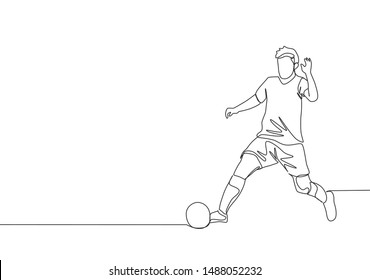One single line drawing of young energetic football player win the ball and dribbling it to the opponent's area. Soccer match sports concept. Continuous line draw design vector illustration