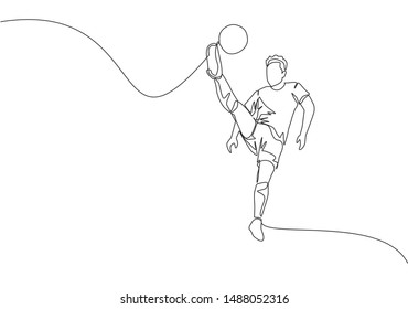 One single line drawing of young happy football player with short sleeve jersey kicking the ball while he's jumping. Soccer match sports concept. Continuous line draw design vector illustration