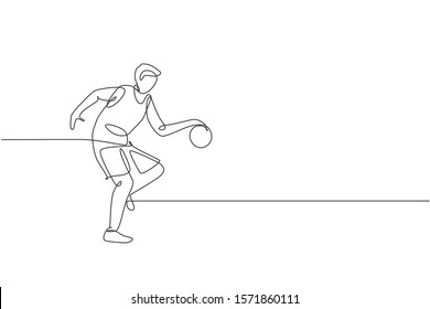 One single line drawing of young energetic basketball player train at court graphic vector illustration. Sports competition concept. Modern continuous line draw design for basketball tournament poster