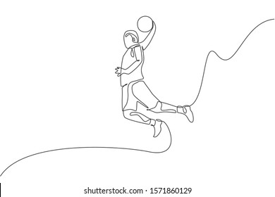 One single line drawing of young energetic basketball player slam dunk vector illustration. Sports competition concept. Modern continuous line draw design for basketball tournament poster and banner