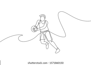 One single line drawing of young energetic basketball male player catches the ball vector illustration. Sports competition concept. Modern continuous line draw design for basketball tournament poster