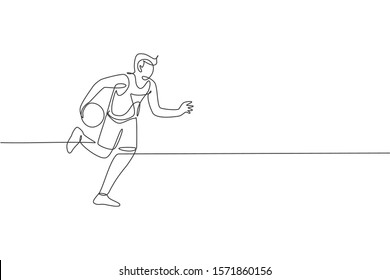 One single line drawing of young energetic basketball player dribbling vector illustration. Sports competition concept. Modern continuous line draw design for basketball tournament poster and banner
