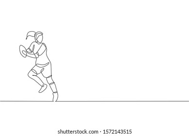 One single line drawing of young energetic rugby player holding the ball and avoid opponent vector illustration. Healthy sport concept. Modern continuous line draw design for rugby tournament poster