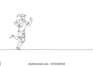 One single line drawing of young energetic rugby player running and holding the ball vector illustration. Healthy sport concept. Modern continuous line draw design for basketball tournament poster