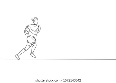 One single line drawing of young energetic rugby player running and holding the ball vector graphic illustration. Healthy sport concept. Modern continuous line draw design for rugby tournament banner