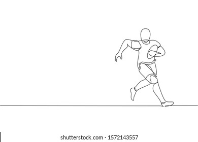 One single line drawing of young energetic man rugby player running to avoid rival chase vector illustration. Healthy sport concept. Modern continuous line draw design for rugby tournament banner