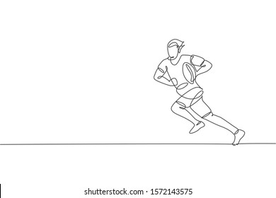 One single line drawing of young energetic male rugby player running and holding the  ball vector illustration. Healthy sport concept. Modern continuous line draw design for rugby tournament banner