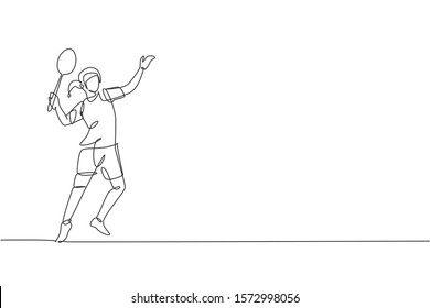 One single line drawing young energetic badminton player ready to hit shuttlecock vector graphic illustration. Healthy sport concept. Modern continuous line draw design for badminton tournament poster