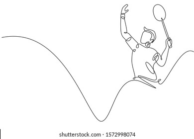 One single line drawing of young energetic man badminton player hit smashing shuttlecock vector illustration. Healthy sport concept. Modern continuous line draw design for badminton tournament poster