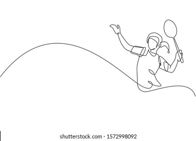 One single line drawing of young energetic badminton player jumping and smash shuttlecock vector illustration. Healthy sport concept. Modern continuous line draw design for badminton tournament poster