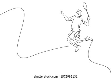 One single line drawing of young energetic badminton player jumping and smash shuttlecock vector illustration. Healthy sport concept. Modern continuous line draw design for badminton tournament poster