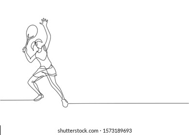 One single line drawing of young energetic female tennis player hit the ball vector illustration. Sport training concept. Modern continuous line draw design for tennis tournament banner and poster