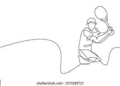 One single line drawing young energetic male tennis player hit the ball graphic vector illustration. Sport training concept. Modern continuous line draw design for tennis tournament banner and poster