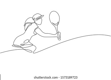 One single line drawing of young energetic female tennis player hold the ball vector illustration. Sport training concept. Modern continuous line draw design for tennis tournament banner and poster