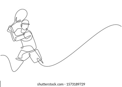 One single line drawing young energetic male tennis player hit the ball graphic vector illustration. Sport training concept. Modern continuous line draw design for tennis competition banner and poster
