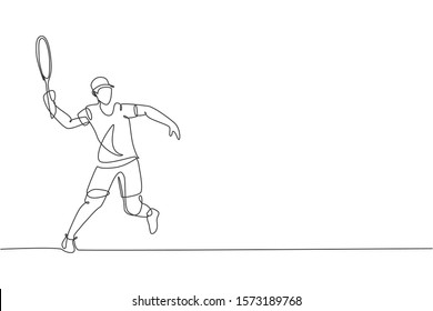 One single line drawing young energetic man tennis player hit the ball graphic vector illustration. Sport training concept. Modern continuous line draw design for tennis tournament banner and poster