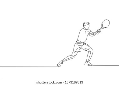 One single line drawing young energetic male tennis player hit the ball graphic vector illustration. Sport training concept. Modern continuous line draw design for tennis tournament banner and poster