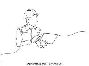 One single line drawing of young engineer with laptop. Design for business concept. Continuous line draw design illustration