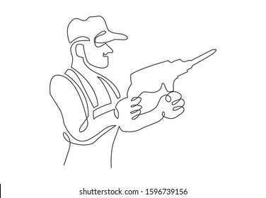 One single line drawing of young handyman wearing uniform while holding drill machine. Repairman construction maintenance service concept. Continuous line draw design