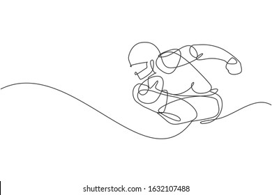 One single line drawing of young energetic man american football player run and hold the ball for league promotion. Sport competition concept. Modern continuous line draw design vector illustration