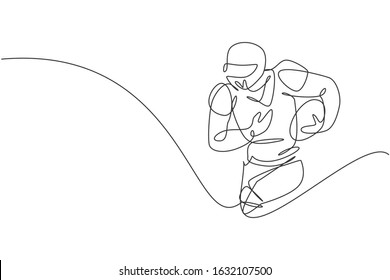 One single line drawing of young energetic man american football player run and hold the ball for league promotion. Sport competition concept. Modern continuous line draw design vector illustration