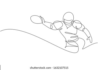 One single line drawing of young energetic man american football player jump to catch the ball for league promotion. Sport competition concept. Modern continuous line draw design vector illustration