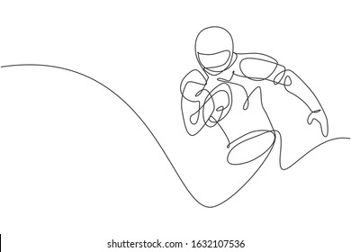 One single line drawing of young energetic man american football player running hold the ball to reach score line. Sport competition concept. Modern continuous line draw design vector illustration