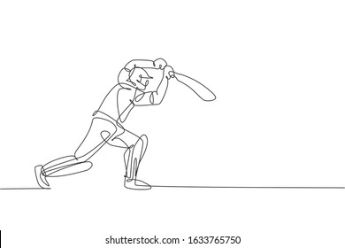 One single line drawing of young energetic man cricket player standing to hit the ball vector illustration. Competitive sport concept. Modern continuous line draw design for cricket competition banner