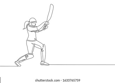 One single line drawing of young energetic woman cricket player standing and hit the ball so hard vector illustration. Sport concept. Modern continuous line draw design for cricket competition banner