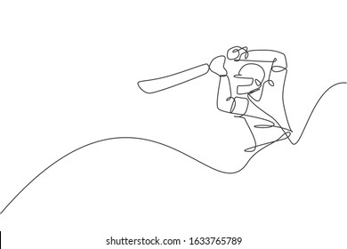 One single line drawing young energetic man cricket player hit the ball homerun at stadium graphic vector illustration. Sport concept. Modern continuous line draw design for cricket competition banner