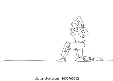 One Single Line Drawing Of Young Energetic Man Cricket Player Stand With Knee On The Ground Vector Illustration. Sport Fair Concept. Modern Continuous Line Draw Design For Cricket Competition Banner