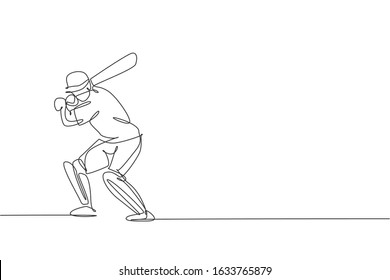 One single line drawing of young energetic man cricket player stance standing to practice hit ball vector illustration. Sport concept. Modern continuous line draw design for cricket competition banner