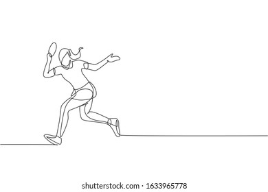 One single line drawing of young energetic woman table tennis player run to catch ball vector illustration. Sport training concept. Modern continuous line draw design for ping pong tournament banner