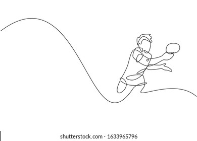 One single line drawing of young energetic man table tennis player hold the ball rival vector illustration. Sport training concept. Modern continuous line draw design for ping pong tournament banner