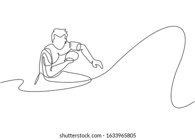 One single line drawing of young energetic man table tennis player ready to hit the ball vector illustration. Sport training concept. Modern continuous line draw design for ping pong tournament banner