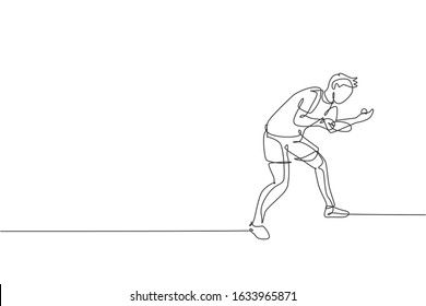 One single line drawing of young energetic man table tennis player ready to ball serving vector illustration. Sport training concept. Modern continuous line draw design for ping pong tournament banner