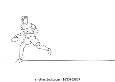 One single line drawing of young energetic man table tennis player run to catch the ball vector illustration. Sport training concept. Modern continuous line draw design for ping pong tournament banner