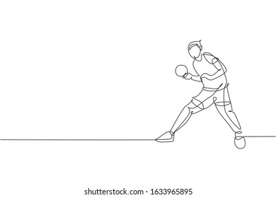 One single line drawing young energetic man table tennis player train seriously vector graphic illustration. Sport training concept. Modern continuous line draw design for ping pong tournament banner