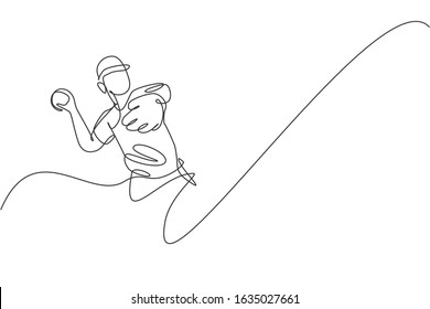 One single line drawing young energetic man baseball player throw the speed ball graphic vector illustration. Sport training concept. Modern continuous line draw design for baseball tournament banner