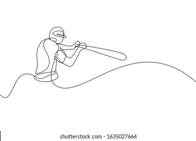 One single line drawing of young energetic man baseball player practice to hit the ball vector illustration. Sport training concept. Modern continuous line draw design for baseball tournament banner