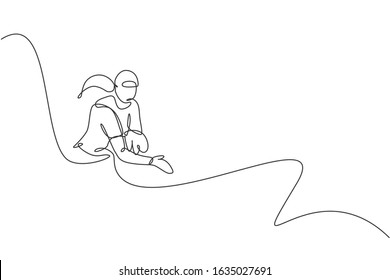 One single line drawing of young energetic woman baseball player focus to throw the ball vector illustration. Sport training concept. Modern continuous line draw design for baseball tournament banner