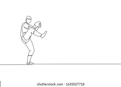 One single line drawing of young energetic man baseball player practice to throw the ball vector illustration. Sport training concept. Modern continuous line draw design for baseball tournament banner