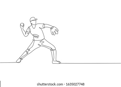 One single line drawing of young energetic man baseball player practice to throw the ball vector illustration. Sport training concept. Modern continuous line draw design for baseball tournament banner