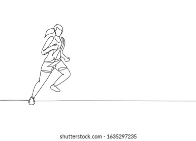 One single line drawing of young energetic woman runner run relax vector graphic illustration. Individual sports, training concept. Modern continuous line draw design for running competition banner