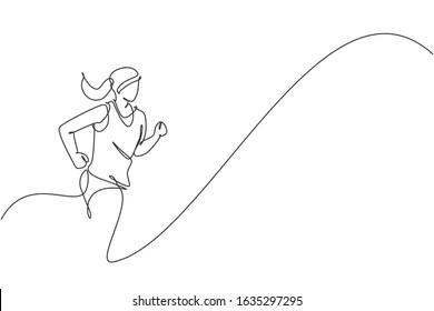 One single line drawing of young energetic woman runner run relax at track vector illustration. Individual sports, training concept. Modern continuous line draw design for running competition banner