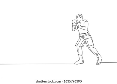 One single line drawing of young energetic man boxer ready to attack opponent vector illustration. Sport combative training concept. Modern continuous line draw design for boxing championship banner