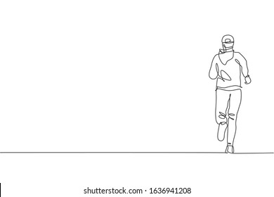 One single line drawing young energetic man runner run relax in street city road vector graphic illustration. Healthy sport training concept. Modern continuous line draw design for running race banner